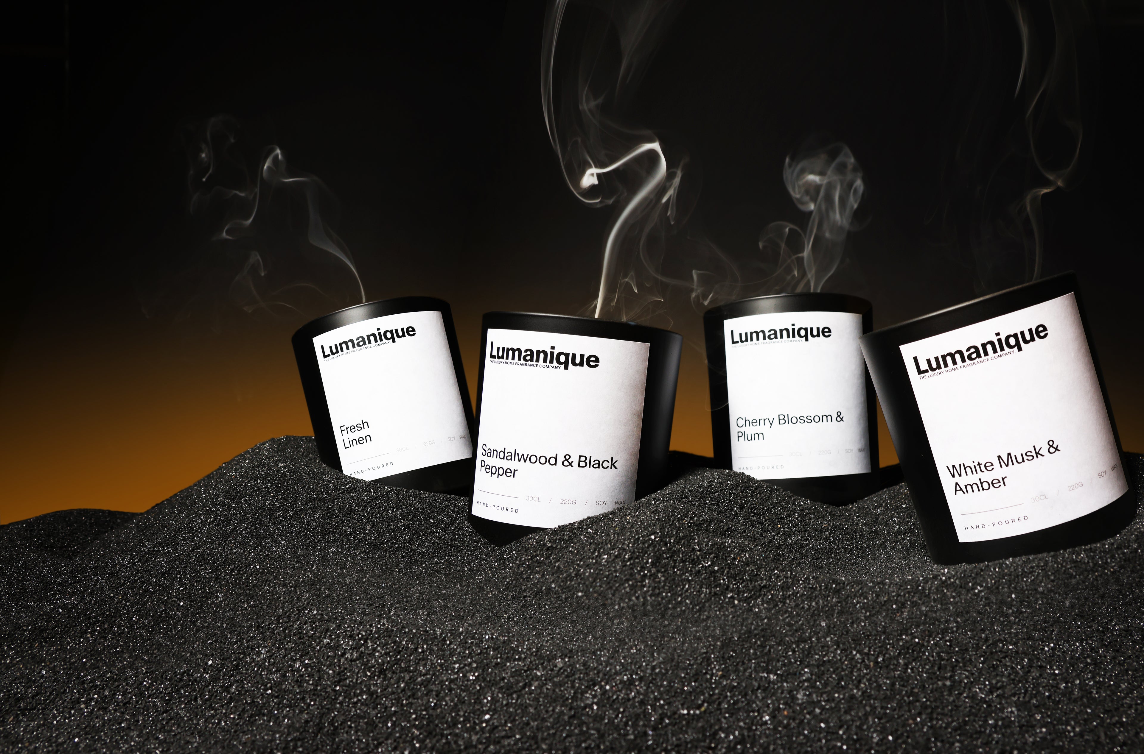 A group of Lumanique luxury scented candles. 